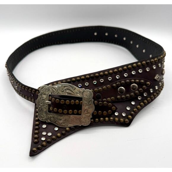 Jose Luis German Silver Buckle Brass & Rhinestone Studded Leather Western Belt main image 6